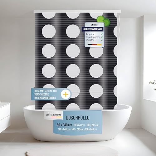 Rapid Teck® Halb-Kassetten Duschrollo 60cm | stilvolles Design Loca Moon | Duschvorhang mit Seilzug | Modernes Duschrollo für Badewanne | Duschrollo für Dusche und kleine Bäder von Rapid Teck