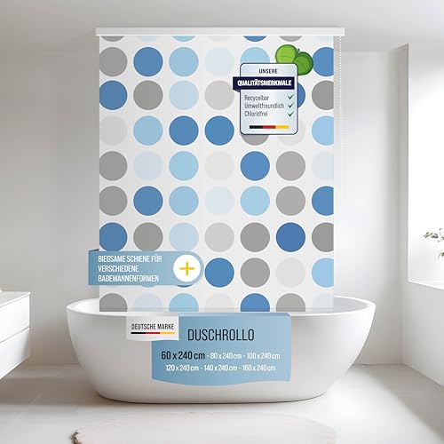 Rapid Teck® Halb-Kassetten Duschrollo 60cm | stilvolles Design Retro Blue Dot | Duschvorhang mit Seilzug | Modernes Duschrollo für Badewanne | Duschrollo für Dusche und kleine Bäder von Rapid Teck