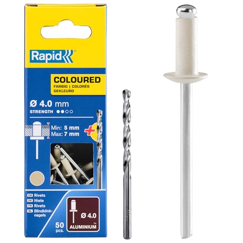 Rapid Blindnieten Aluminium Cremeweiß Ø 4mm, 5-7mm Klemmbereich, 50 Stk. Nieten, Set inkl. Bohrer, für Blindnietzangen Rapid Blindnieten Aluminium Cremeweiß Ø 4mm, 5-7mm Klemmbereich, 50 Stk. Nieten, Set inkl. Bohrer, für Blindnietzangen von Rapid