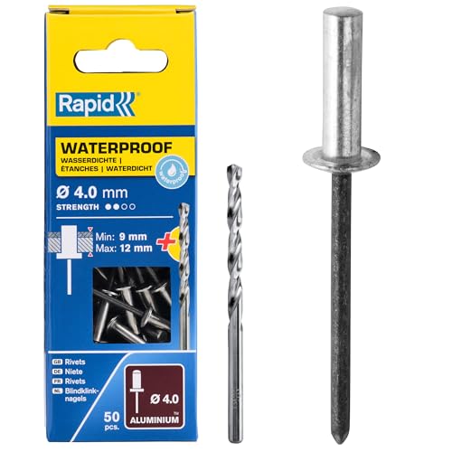 Rapid Blindnieten Wasserdicht Ø 4mm, 9-12mm Klemmbereich, 50 Stk. ALU Nieten, Set Inkl Bohrer, für blindnietzangen von Rapid