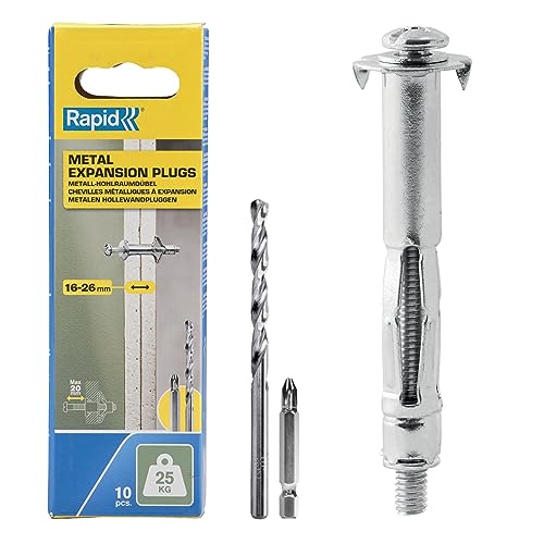 Rapid Hohlraumdübel Metall mit M4 Schraube für Gipskartonplatten 16-26 mm - Tragkraft 25 kg - Inklusive 8 mm Bohrer und PH2-Bit - Set mit 10 Dübeln für zweilagige Wände Rapid Hohlraumdübel Metall mit M4 Schraube für Gipskartonplatten 16-26 mm - Tragkraft 25 kg - Inklusive 8 mm Bohrer und PH2-Bit - Set mit 10 Dübeln für zweilagige Wände von Rapid
