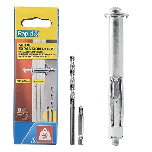 Rapid Hohlraumdübel Metall mit M5 Schraube für Gipskartonplatten 32-45 mm - Tragkraft 40 kg - Inklusive 11 mm Bohrer und PH2-Bit - Set mit 10 Dübeln für dreilagige Wände Rapid Hohlraumdübel Metall mit M5 Schraube für Gipskartonplatten 32-45 mm - Tragkraft 40 kg - Inklusive 11 mm Bohrer und PH2-Bit - Set mit 10 Dübeln für dreilagige Wände von Rapid