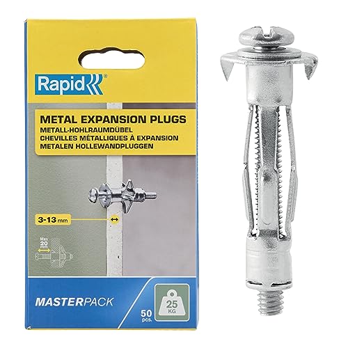 Rapid 5001560 M8x32, M4x40+D+PH2 50 STK, Schachtel Hohlraumdübel Metall mit M4 Schraube für einlagige Gipskartonplatten und Gipsfaserplatten (3-13mm), Tragfähigkeit 25 kg, Silber, bis 25kg Rapid 5001560 M8x32, M4x40+D+PH2 50 STK, Schachtel Hohlraumdübel Metall mit M4 Schraube für einlagige Gipskartonplatten und Gipsfaserplatten (3-13mm), Tragfähigkeit 25 kg, Silber, bis 25kg von Rapid