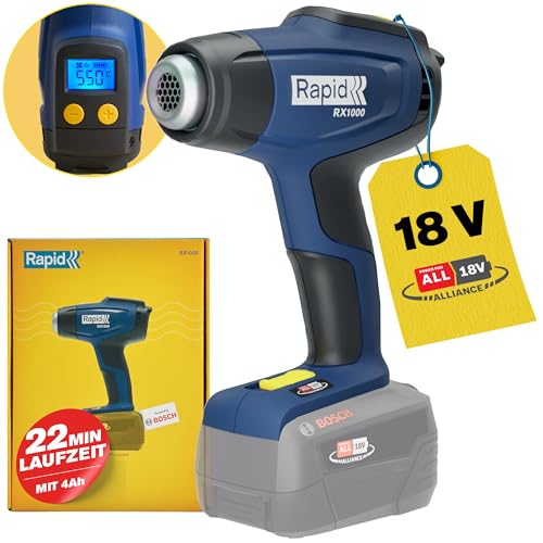 Rapid RX1000 Akku-Heißluftpistole – 18V Akku-Heißluftgebläse bis 550°C mit LCD-Display – kompatibel mit Bosch Power for All Akku – ergonomisches Design für präzises Arbeiten von Rapid