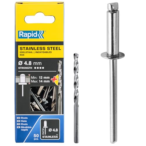 Rapid Blindnieten Edelstahl Ø 4,8mm, 12-14mm Klemmbereich, 50 Stk. V2A Nieten, Set Inkl Bohrer, für blindnietzangen Rapid Blindnieten Edelstahl Ø 4,8mm, 12-14mm Klemmbereich, 50 Stk. V2A Nieten, Set Inkl Bohrer, für blindnietzangen von Rapid