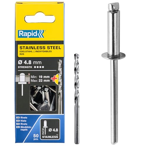 Rapid Blindnieten Edelstahl Ø 4,8mm, 19-22mm Klemmbereich, 50 Stk. V2A Nieten, Set inkl. Bohrer, für Blindnietzangen Rapid Blindnieten Edelstahl Ø 4,8mm, 19-22mm Klemmbereich, 50 Stk. V2A Nieten, Set inkl. Bohrer, für Blindnietzangen von Rapid