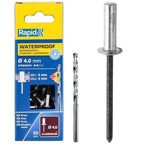 Rapid Blindnieten Wasserdicht Ø 4mm, 6-9mm Klemmbereich, 50 Stk. ALU Nieten, Set Inkl Bohrer, für blindnietzangen von Rapid