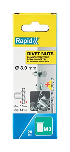 Rapid Nietmuttern M3, 0,5-1,5mm Klemmbereich, 20 Stk. Gewindenieten Stahl, Set inkl. Bohrer, für Nietmutternzange von Rapid