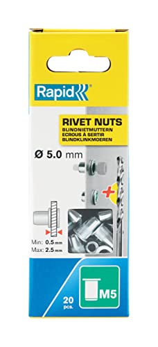 Rapid Nietmuttern M5, 0,5-2,5mm Klemmbereich, 20 Stk. Gewindenieten Stahl, Set Inkl Bohrer, für nietmutternzange von Rapid