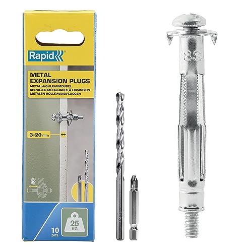 Rapid Hohlraumdübel Metall mit M4 Schraube für Gipskartonplatten 3-20 mm - Tragkraft 25 kg - Inklusive 8 mm Bohrer und PH2-Bit - Set mit 10 Dübeln für zweilagige Wände von Rapid
