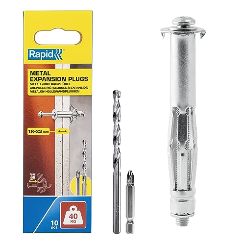 Rapid Hohlraumdübel Metall mit M5 Schraube für Gipskartonplatten 18-32 mm - Tragkraft 40 kg - Inklusive 11 mm Bohrer und PH2-Bit - Set mit 10 Dübeln für zweilagige Wände von Rapid