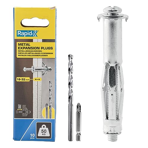 Rapid Hohlraumdübel Metall mit M6 Schraube für Gipskartonplatten 18-32 mm - Tragkraft 50 kg - Inklusive 13 mm Bohrer und PH2-Bit - Set mit 10 Dübeln für zweilagige Wände von Rapid