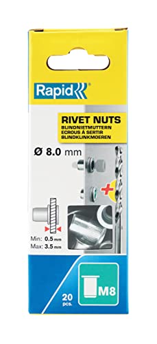 Rapid Nietmuttern M8, 0,5-3,5mm Klemmbereich, 20 Stk. Gewindenieten Stahl, Set Inkl Bohrer, für nietmutternzange von Rapid