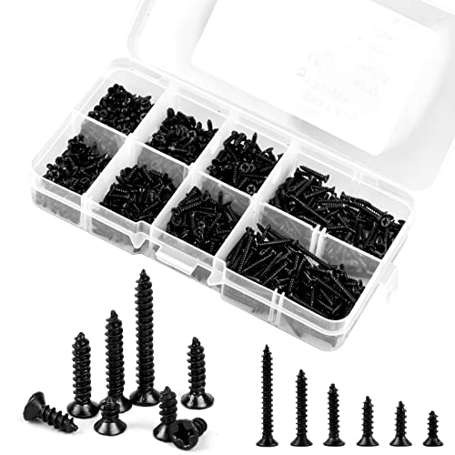 800 Stück M2 Selbstschneidende Schrauben Set Schwarz Kohlenstoffstahl Kleine Flachkopf Blechschrauben Senkkopf Schrauben Sortiment Kit 4-16 mm mit Aufbewahrungsbox für Kunststoff Weichmetall von Rapidbok