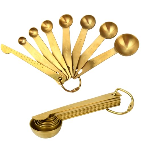 Rapidbok 8 Stück Messlöffel Set, Dosierlöffel Edelstahl, Messwerkzeug Küche, Gewürzlöffel mit Meßlineal, Teemaßlöffel Messing, Portionierlöffel für Backen, Kochen, Trockene und Flüssige Zutaten von Rapidbok