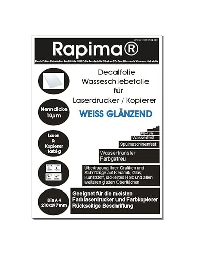 8x A4 Wasserschiebefolie Decal Abziehbild WEISS für Laserdrucker - hauchdünn - Nassschiebefolie für Keramik, Glas, Kerzen, Metall, Kunststoff, Modellbau von Rapima