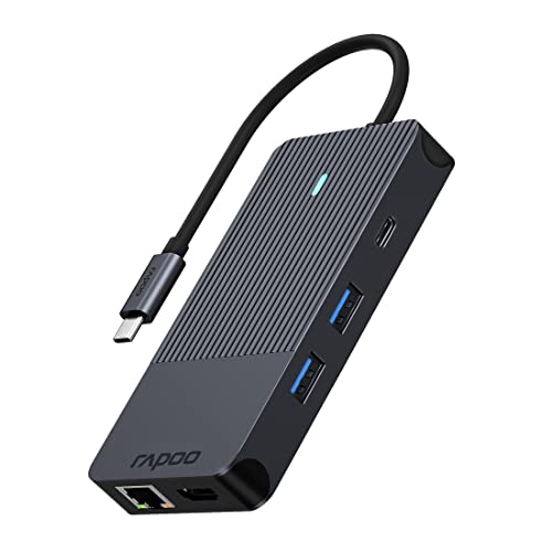 Rapoo UCM-2005 USB-C Multiport Adapter 10-in-1, 100W Power Delievery, 2x 4K HDMI, 1 Gbps LAN, 1 USB-C und 2 USB-A 3.0 Datenports, Micro SD / SD Speicherkartenleser, AUX von Rapoo