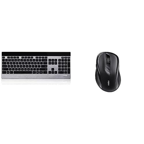 Rapoo E9270P kabellose Tastatur, 5 GHz Wireless via USB, flaches Aluminium Design, Full-Size, Multimedia-Touch Tasten, DE-Layout, schwarz/Silber & M500 Silent kabellose Multi-Mode Maus, schwarz von Rapoo