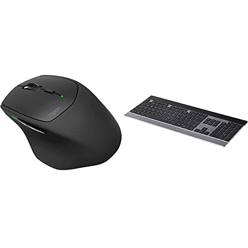 Rapoo MT550 kabellose Multi-Mode Maus, Einstellbarer 1600 DPI Sensor, schwarz & E9270P kabellose Tastatur, 5 GHz Wireless via USB, flaches Aluminium Design, DE-Layout QWERTZ, schwarz/Silber von Rapoo