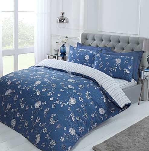 Rapport Country Toile, Bettbezug-Set für Einzelbett, mit Vogelbaum-Motiv, gestreift, wendbar, Marineblau von Rapport Home