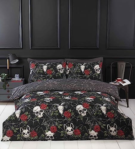 Rapport Home Black Duvet Cover Set with Skulls & Roses, Halloween Themed Microfiber Double Bedding Set von Rapport Home
