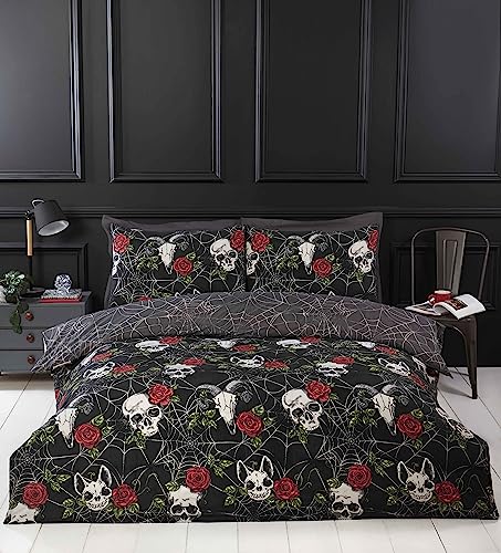 Rapport Home Black Duvet Cover Set with Skulls & Roses, Halloween Themed Microfiber King Bedding Set von Rapport Home