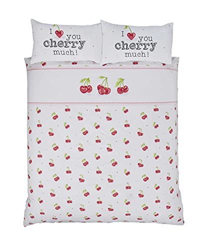 Rapport Home Bettbezug-Set in Herzform mit Kirschen, mit Aufdruck I Love You Cherry Much, für Doppelbett, Weiß von Rapport Home