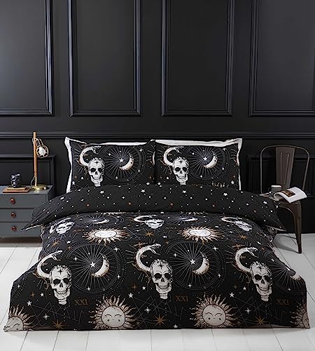 Rapport Home Tarot-Bettwäsche-Set aus Mikrofaser, für Einzelbett, Totenköpfe und Sternar, Schwarz von Rapport