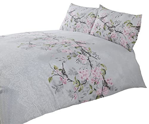 Eloise Oriental Blossom Duvet Cover and Pillowcase Set (Grey, Double) by Made with LoVe von Rapport