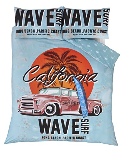 Rapport Bettbezug-Set, Rentro, California Surf Board on a Beach with Palm Tree & Vintage Car, Blau, Duck Egg, Double von Rapport Home