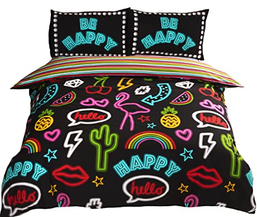 Rapport Funky Neon Wende-Bettwäsche-Set, gestreift, Polycotton, Schwarz, Einzelbett von Rapport