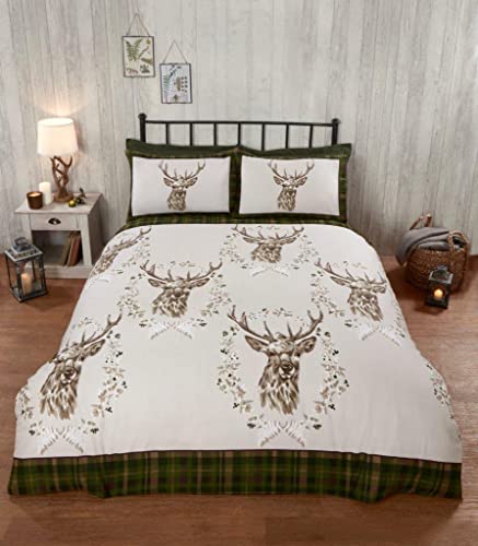 Rapport Home Bettwäsche-Set aus 100% gebürstetem Baumwollflanell, Motiv: Angus Hirsch, Winter-Bettwäsche-Set (Kingsize, Grün), King-Size-Bett von Rapport