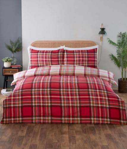 Rapport Home Cameron Tartan-Bettwäsche-Set mit Spannbetttuch und Kissenbezug, Doppelbettgröße, rotes Karomuster, Fadenzahl 180, Mikrofaser von Rapport