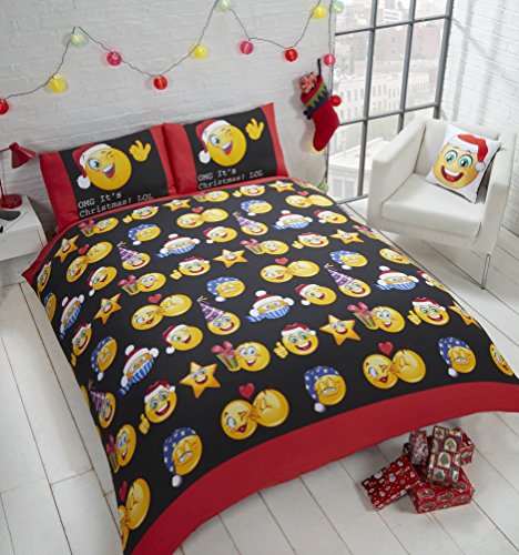 Rapport Weihnachten Faces Festliche Weihnachts-Bettwäsche-Set mit Emojis, Bettbezug und 2 Kissenbezüge für Doppelbetten, Mehrfarbig von Rapport