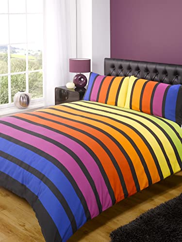 Soho Multi Stripe Duvet Cover Quilt Bedding Set, Blue Purple Orange Yellow Green, Double Size - Bedroom Bed Linen by Rapport von Rapport