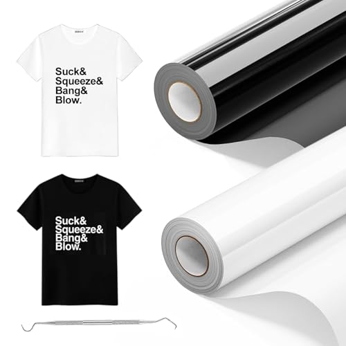 Raqieman Plotterfolie Textil Schwarz Weiß & Schwarz, 2 Rollen 30.5cm x 610cm Flexfolie Plotter Textil mit Haken, Leicht Zu Schneiden & Jäten, Heat Tansfer Vinyl Iron On Folie füt DIY Textildruck von Raqieman