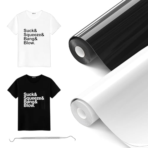 Raqieman Plotterfolie Textil Schwarz Weiß & Schwarz, 2 Rollen 30.5cm x 915cm Flexfolie Plotter Textil mit Haken, Leicht Zu Schneiden & Jäten, Heat Tansfer Vinyl Iron On Folie füt DIY Textildruck von Raqieman