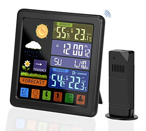 Wetterstation mit Außensensor, Farbdisplay mit Wecker, kabellose Wetterstation mit Temperatur und Luftfeuchtigkeit, Wettervorhersage, Barometer, Datum, für Haus, Landwirtschaft, Gewächshaus von Rarihem