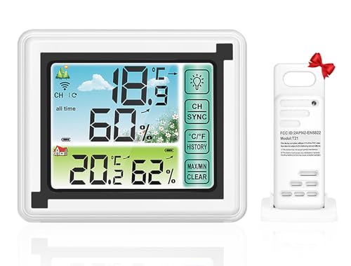 Wetterstation mit Außensensor, kabellose Wetterstation mit Farbdisplay, Thermometer, Hygrometer mit Temperatur, Luftfeuchtigkeit, Datum, Wettervorhersage, für den Innen- und Außenbereich, Weiß von Rarihem