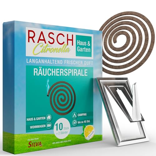 RASCH® Citronella Räucherspiralen Set [INKL Halter + STÄNDER] - Spirale Draußen, Garten, Balkon & Terrasse - Rauchspirale mit natürlichem Zitronen Aroma - 4h Brenndauer pro Räucherspirale (10 STK.) von Rasch