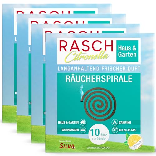 RASCH® Citronella Räucherspiralen Set [INKL Halter + STÄNDER] - Spirale Draußen, Garten, Balkon & Terrasse - Rauchspirale mit natürlichem Zitronen Aroma - 4h Brenndauer pro Räucherspirale (40 STK.) von Rasch