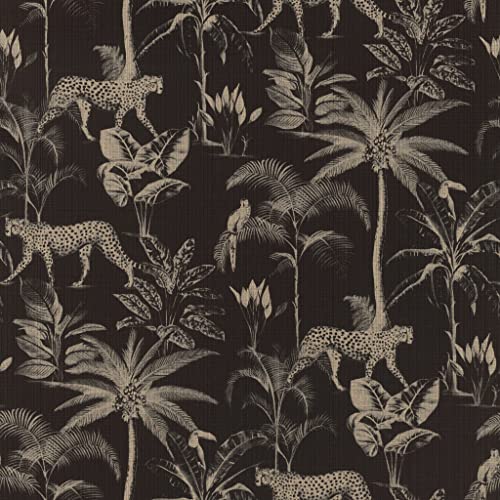 Rasch Tapete 409031 - Schwarze Dschungeltapete mit goldenen Palmen und Leoparden, Exotisch - 10,05m x 0,53m (LxB) von Rasch