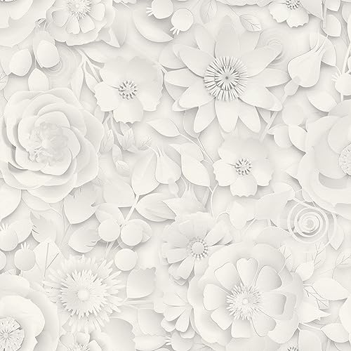 Rasch Tapete 200225 - Helle Papiertapete in Weiß und Grau mit Blumen in 3D-Optik - 10,05m x 0,53m (LxB) von Rasch