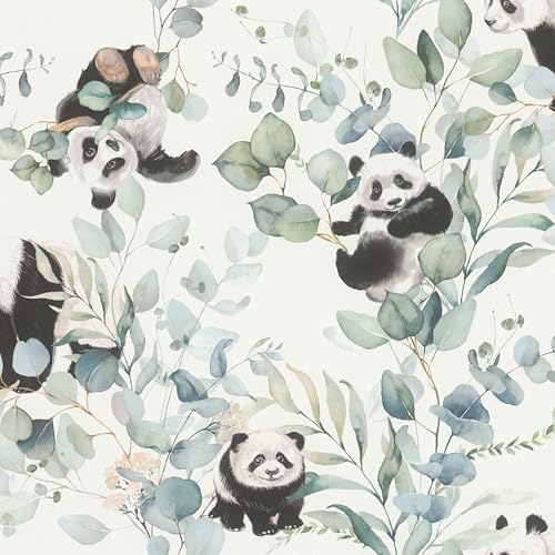 Rasch Tapete 301199 - Papiertapete mit Pandabären und Eukalyptus-Pflanzen, Kindertapte in Grün und Schwarz-Weiß - 10,05m x 0,53m (LxB) von Rasch