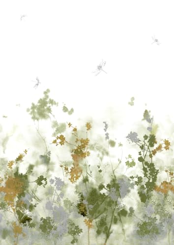 Rasch Tapete 360943 - Fototapete auf Vlies mit Pflanzenprints und Libellen in Grau, Beige und Grün aus der Kollektion Magicwalls - 3,00 m x 2,12 m (LxB) von Rasch