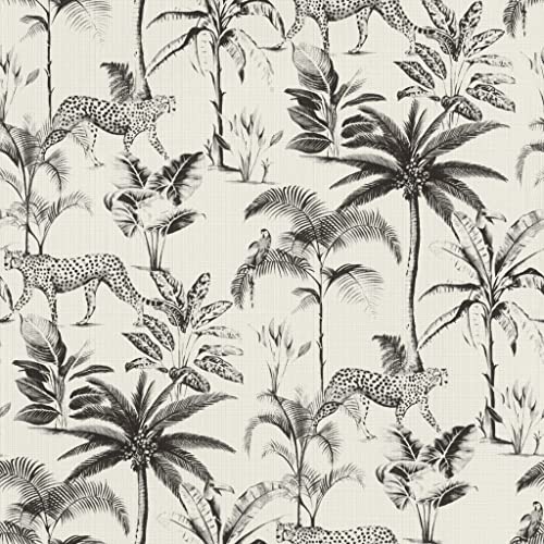 Rasch Tapete 409017 - Weiße Dschungeltapete mit schwarzen Palmen und Leoparden, Exotisch - 10,05m x 0,53m (LxB) von Rasch
