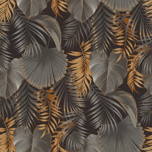 Rasch Tapete 462043 - Dunkle Vliestapete mit Dschungel-Motiv, Dschungeltapete in Schwarz und Gold - 10,05m x 0,53m (LxB) von Rasch