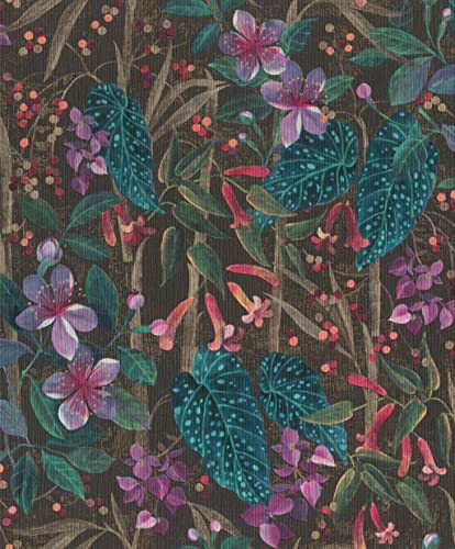 Rasch Tapete 538236 - Blumige Vliestapete mit Blättern und Pflanzen in Türkis, Lila und Schwarz aus der Kollektion Curiosity - 10,05m x 0,53m (LxB) von Rasch
