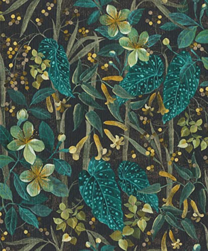 Rasch Tapete 538243 - Blumige Vliestapete mit Blättern und Pflanzen in Grün, Türkis Gelb aus der Kollektion Curiosity - 10, 05m x 0, 53m (LxB), Blau von Rasch