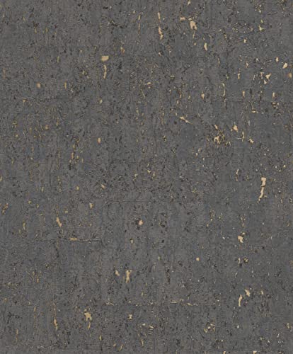 Rasch Tapete 538359 - Anthrazit-goldene Vliestapete mit Kork-Optik im industriellen Design aus der Kollektion Curiosity - 10,05m x 0,53m (LxB) von Rasch